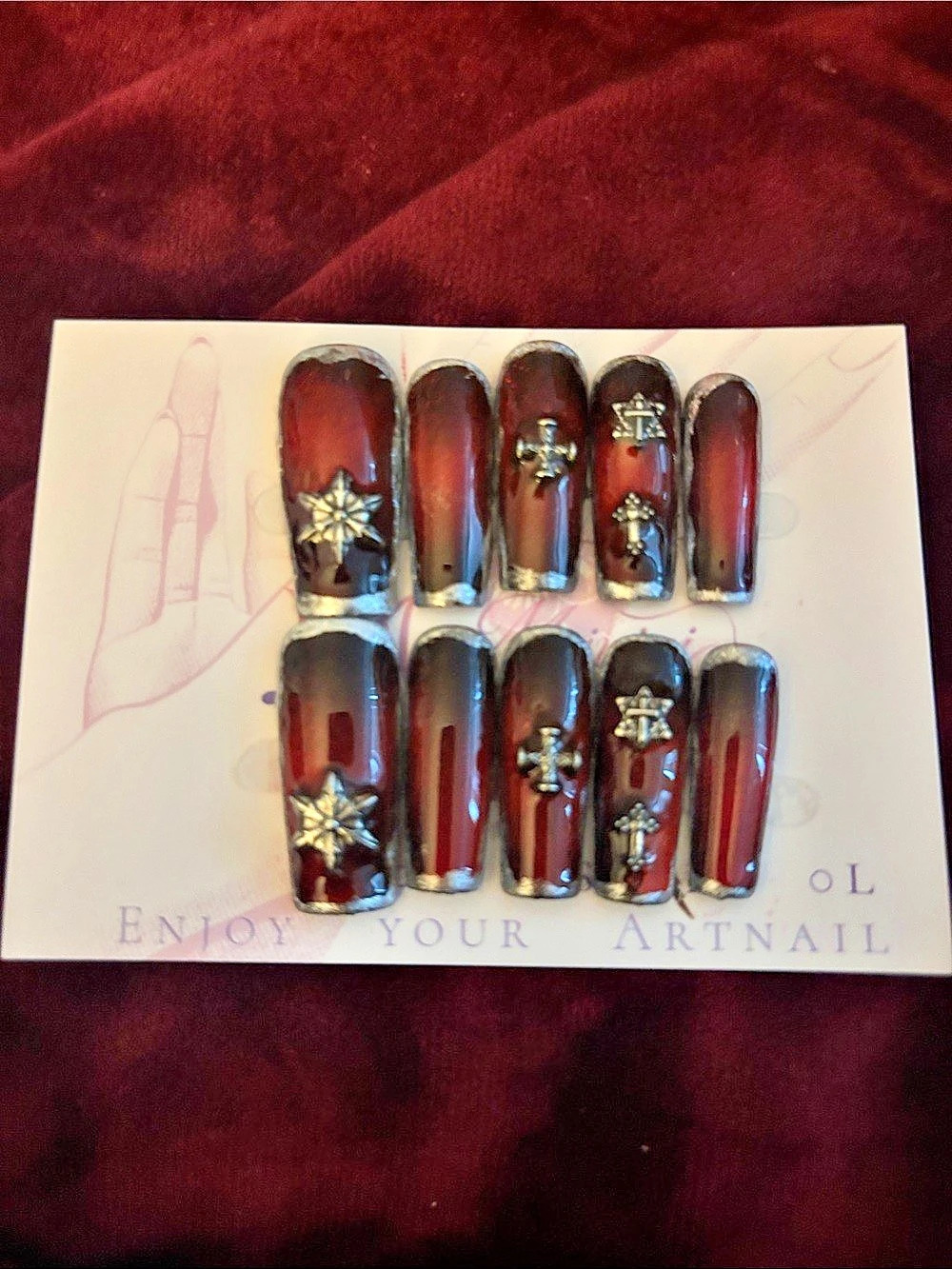 Burgundy Red & Black Embellished Press-On Nails